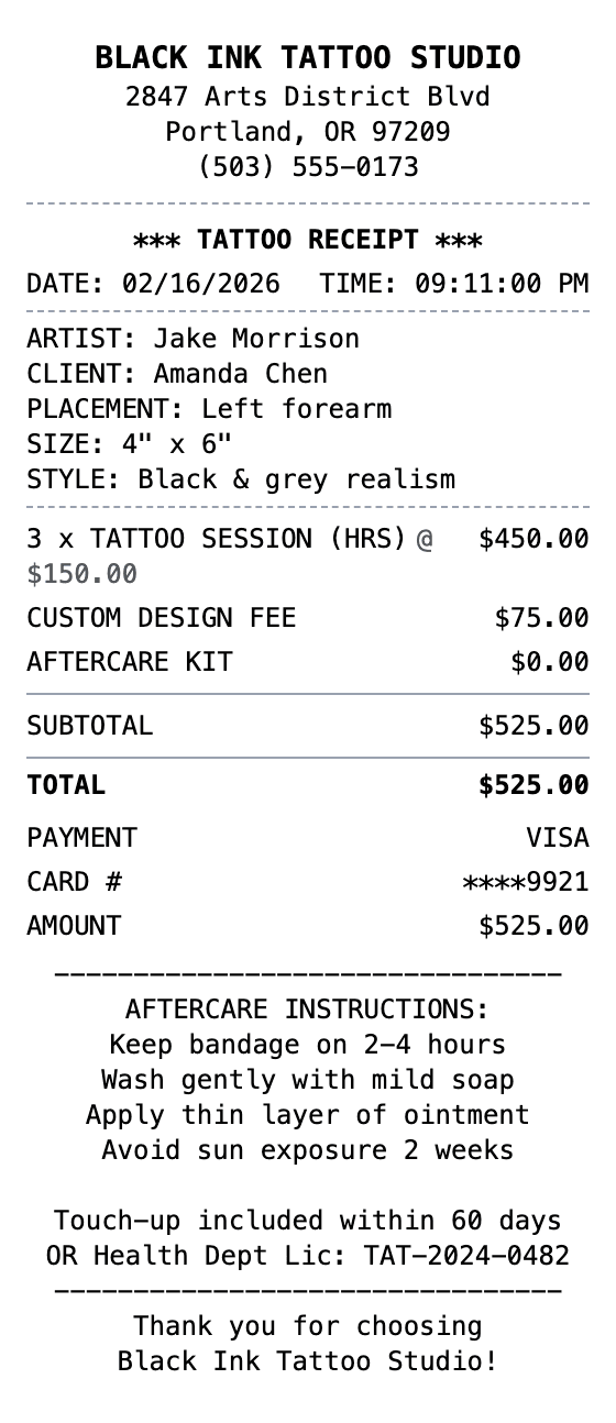 Tattoo Receipt receipt example showing tattoo format with itemized list, totals, and payment details