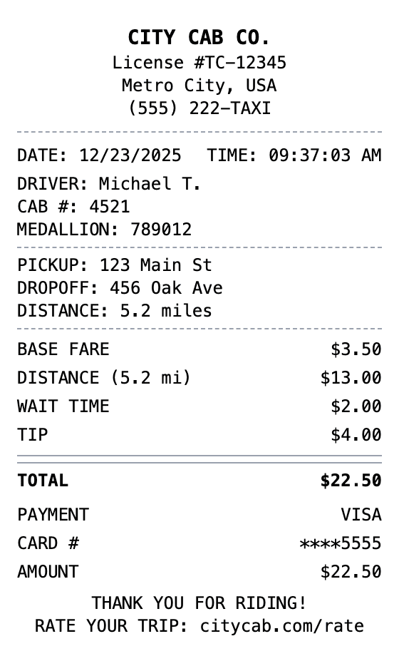 Taxi Receipt receipt example showing taxi format with itemized list, totals, and payment details