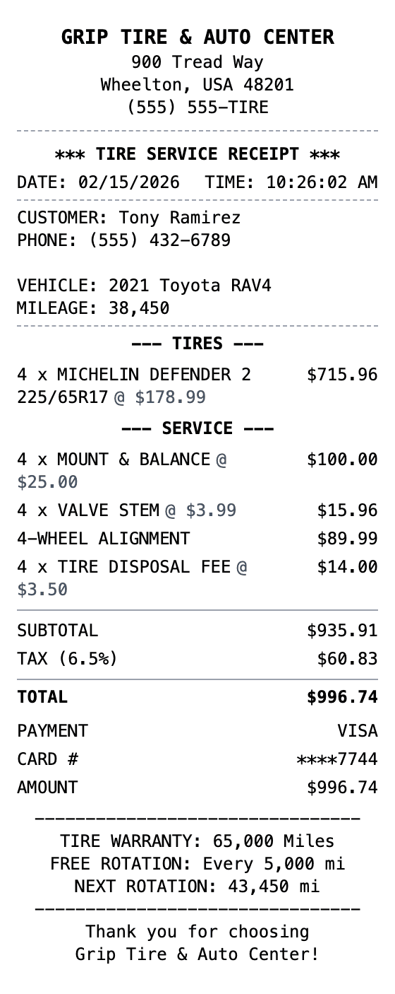 Tire Shop Receipt receipt example showing tire-shop format with itemized list, totals, and payment details