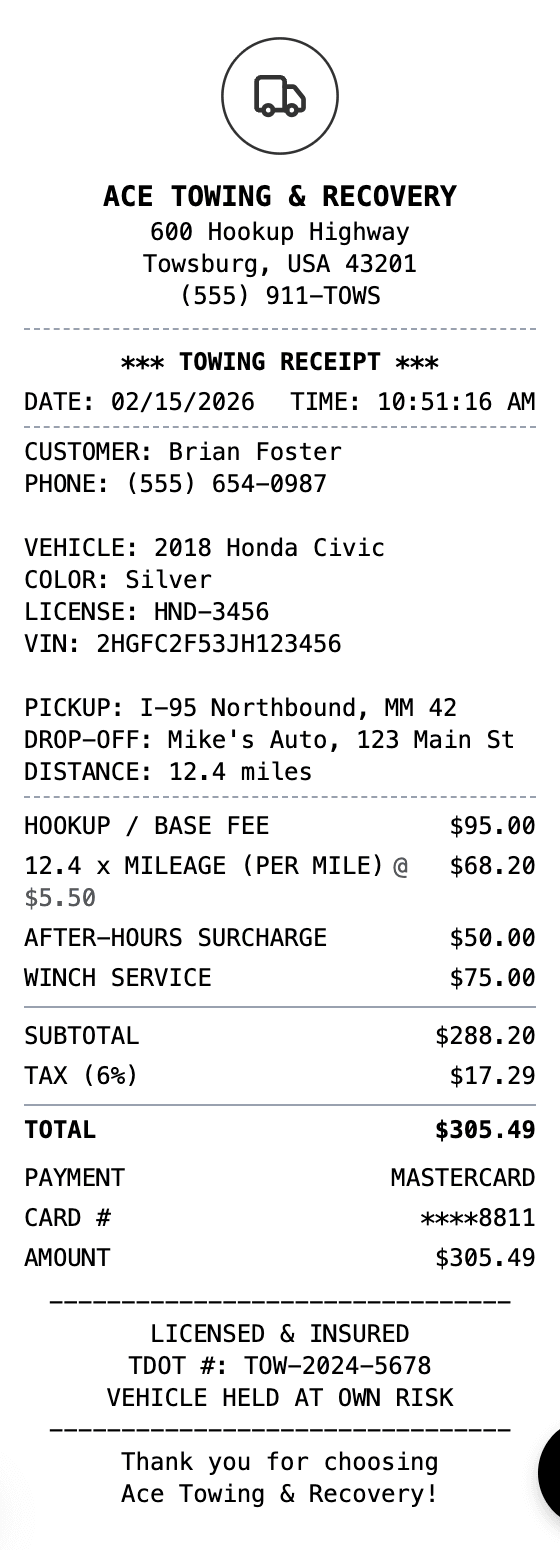 Tow Truck Receipt receipt example showing tow-truck format with itemized list, totals, and payment details