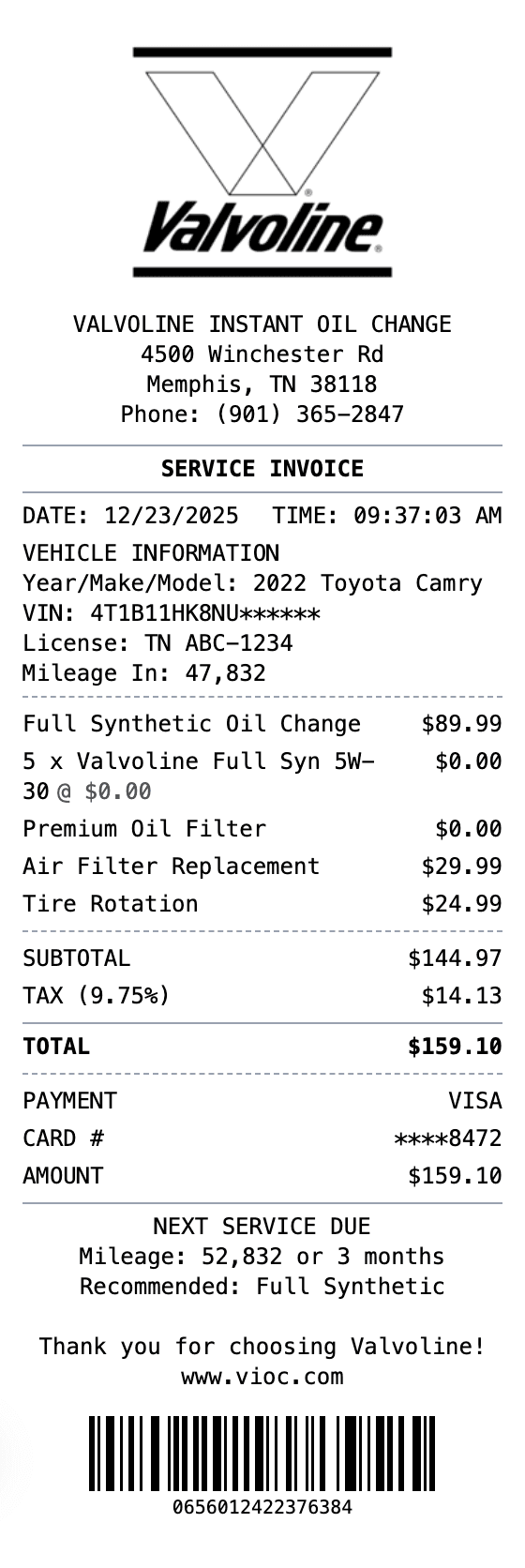 Valvoline Receipt receipt example showing valvoline format with itemized list, totals, and payment details