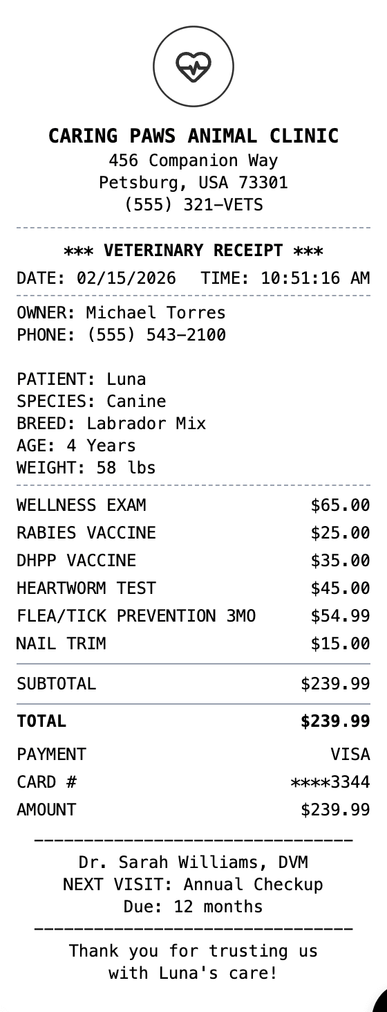 Veterinary Receipt receipt example showing veterinary format with itemized list, totals, and payment details
