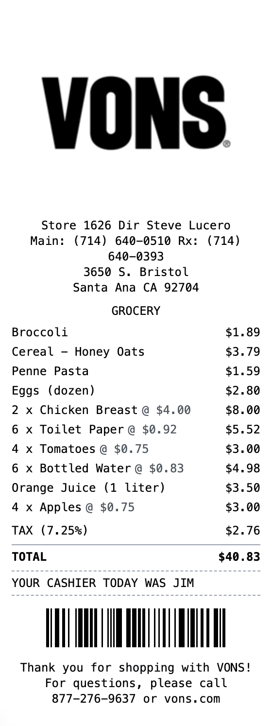 Vons Receipt receipt example showing vons format with itemized list, totals, and payment details