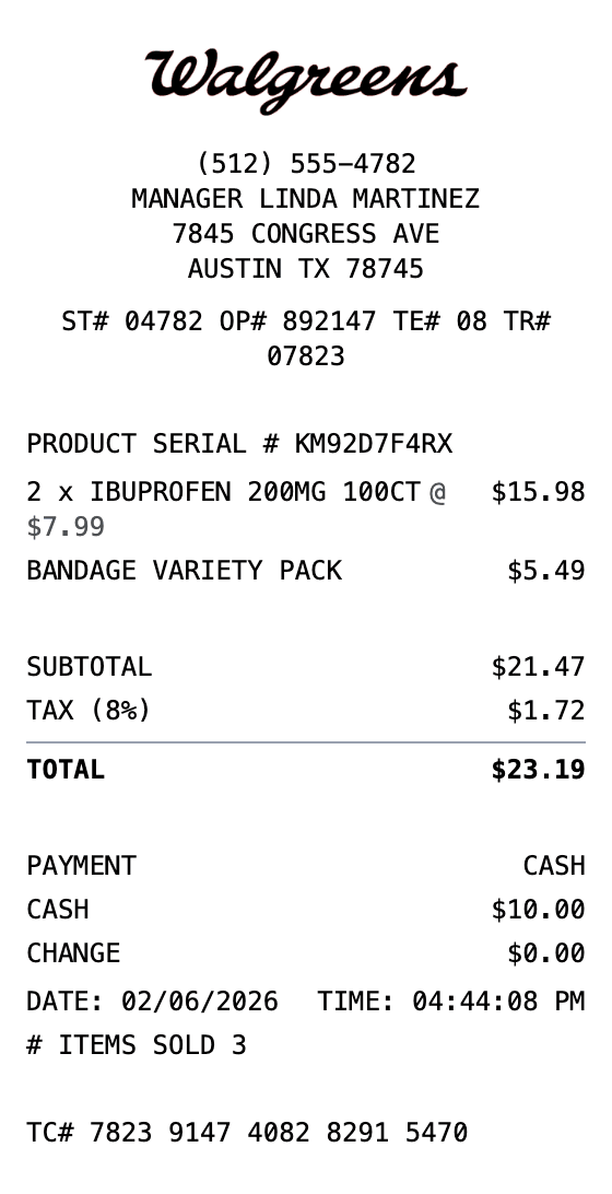 Walgreens Receipt receipt example showing walgreens format with itemized list, totals, and payment details