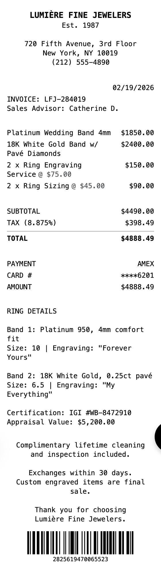 Wedding Ring Receipt receipt example showing wedding-ring format with itemized list, totals, and payment details