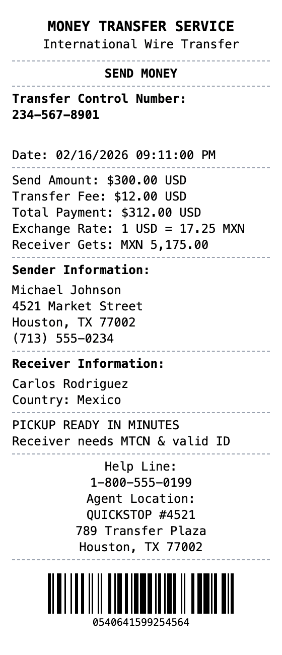Western Union Receipt receipt example showing western-union format with itemized list, totals, and payment details