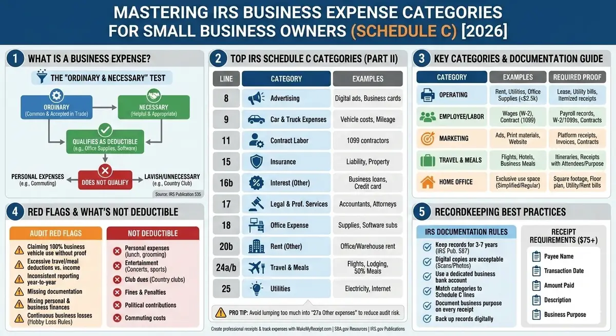 IRS Business Expense Categories Infographic - Schedule C categories, documentation requirements, and recordkeeping best practices