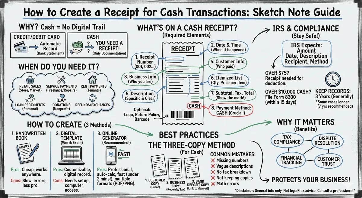 Cash Receipt Guide Infographic - Required elements, IRS requirements, and best practices for cash transaction documentation