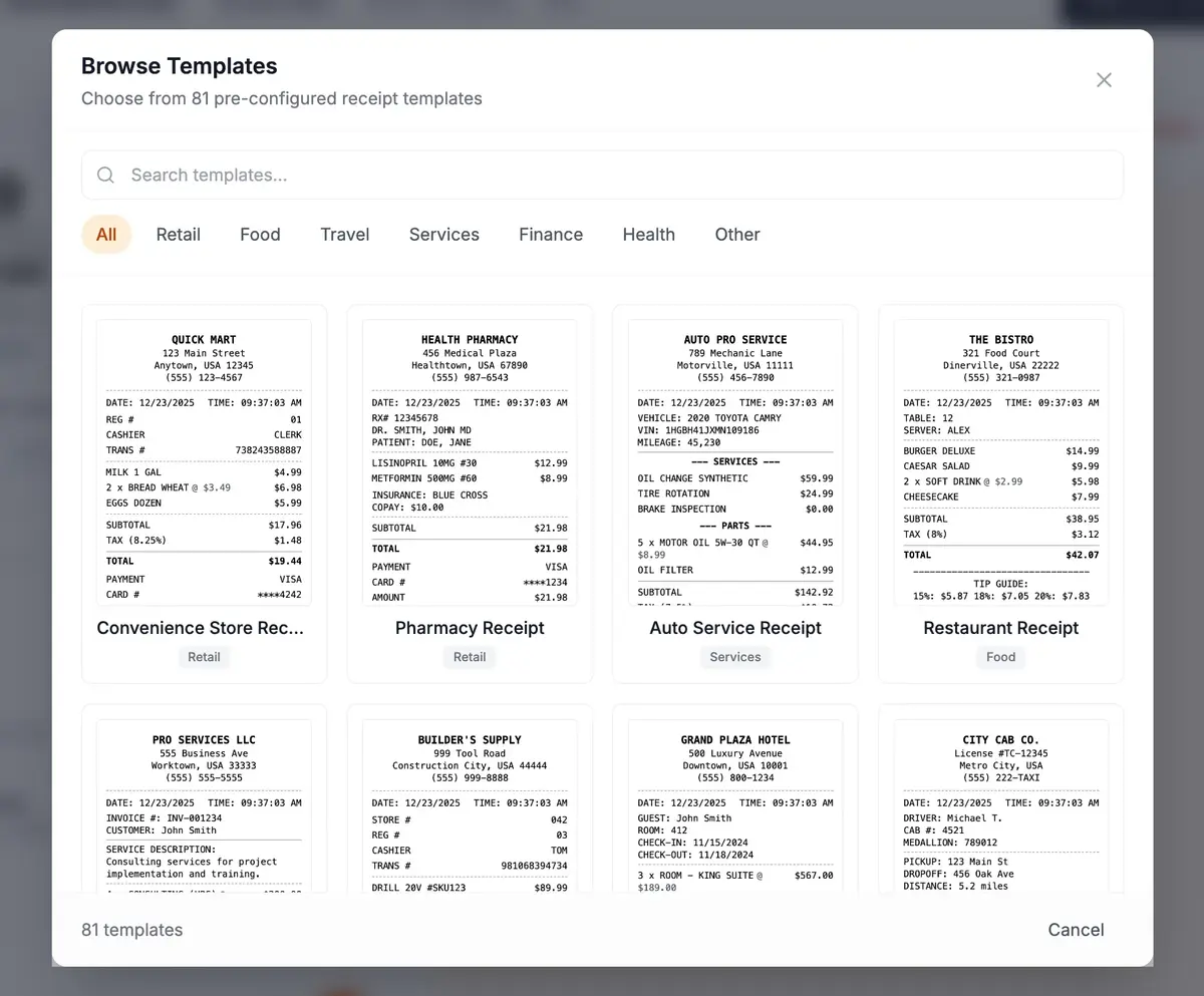 MakeMyReceipt template library