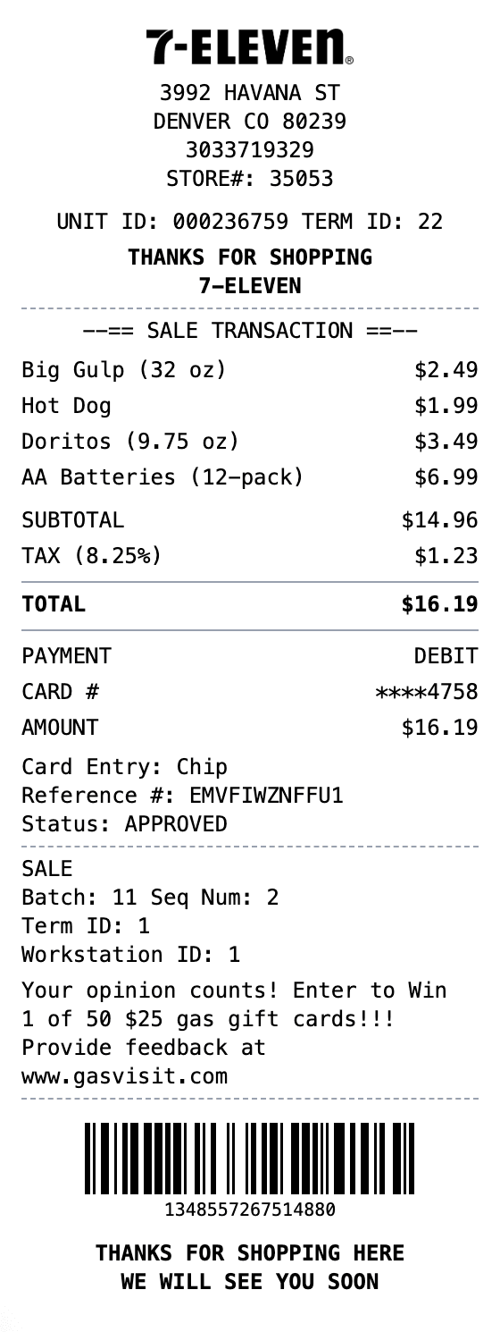7-Eleven Receipt receipt example showing 7eleven format with itemized list, totals, and payment details