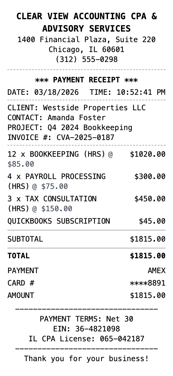 Accounting Receipt receipt example showing accounting format with itemized list, totals, and payment details