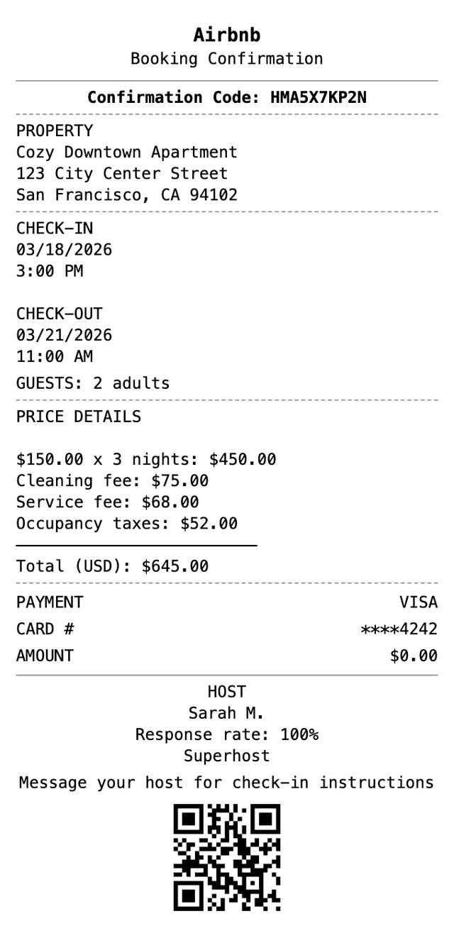 Airbnb Receipt receipt example showing airbnb format with itemized list, totals, and payment details