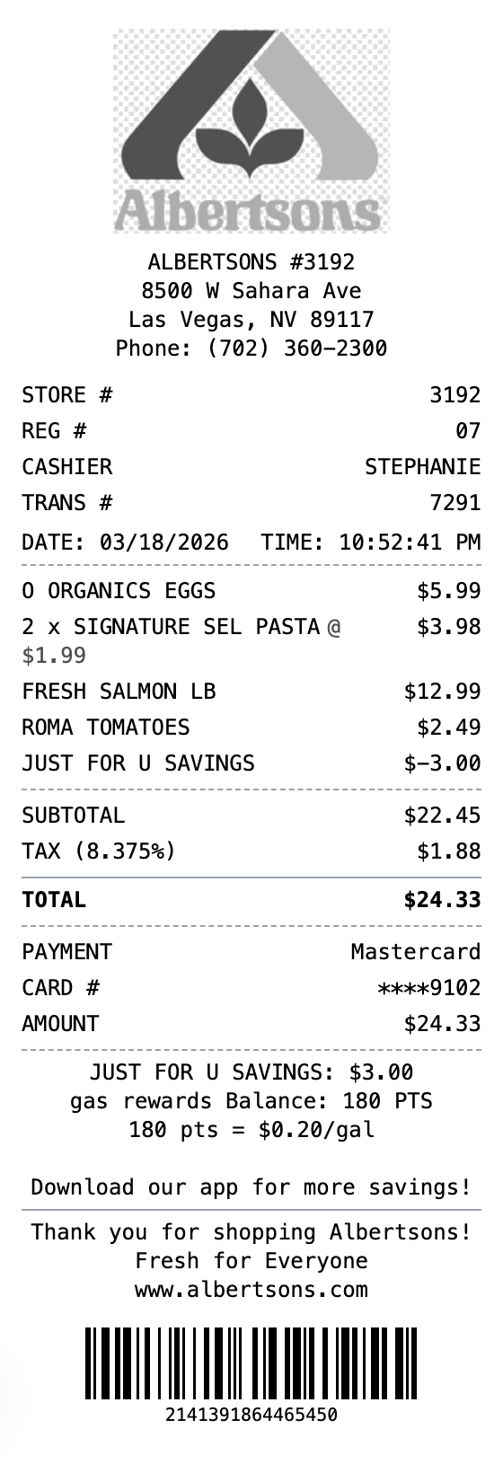 Albertsons Receipt receipt example showing albertsons format with itemized list, totals, and payment details
