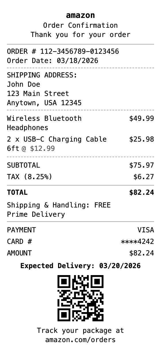 Amazon Receipt receipt example showing amazon format with itemized list, totals, and payment details