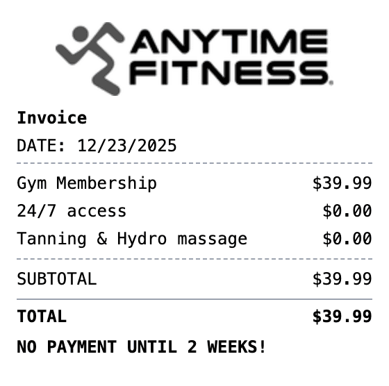 Anytime Fitness Receipt receipt example showing anytimefitness format with itemized list, totals, and payment details