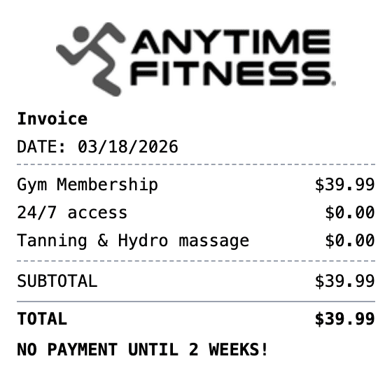 Anytime Fitness Receipt receipt example showing anytimefitness format with itemized list, totals, and payment details