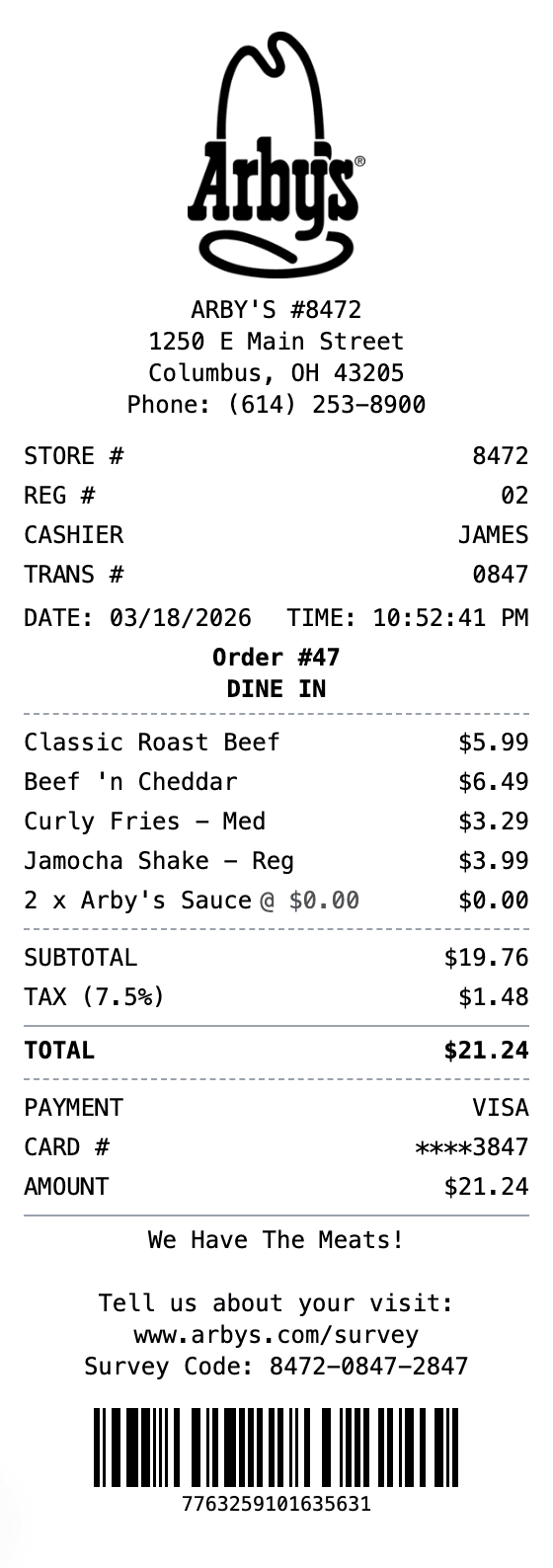Arby's Receipt receipt example showing arbys format with itemized list, totals, and payment details