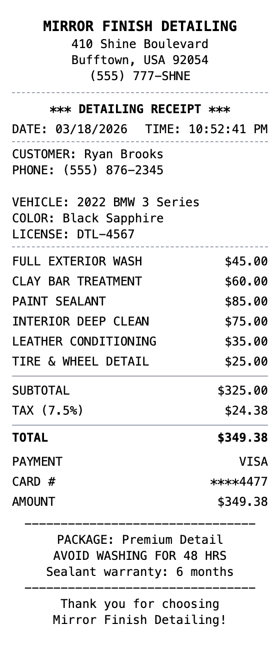 Auto Detailing Receipt receipt example showing auto-detailing format with itemized list, totals, and payment details