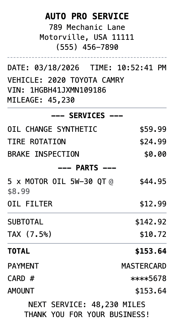 Auto Service Receipt receipt example showing auto format with itemized list, totals, and payment details