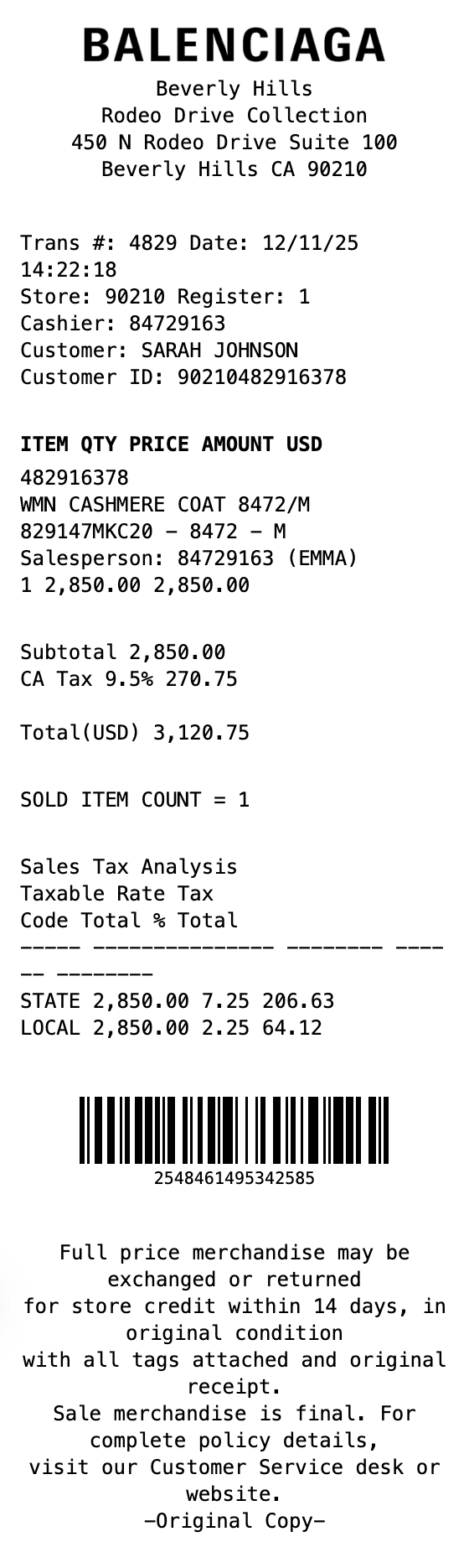 Balenciaga Receipt receipt example showing balenciaga format with itemized list, totals, and payment details
