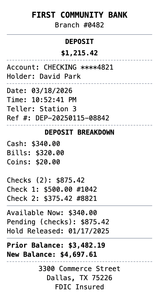 Bank Deposit Receipt receipt example showing bank-deposit format with itemized list, totals, and payment details