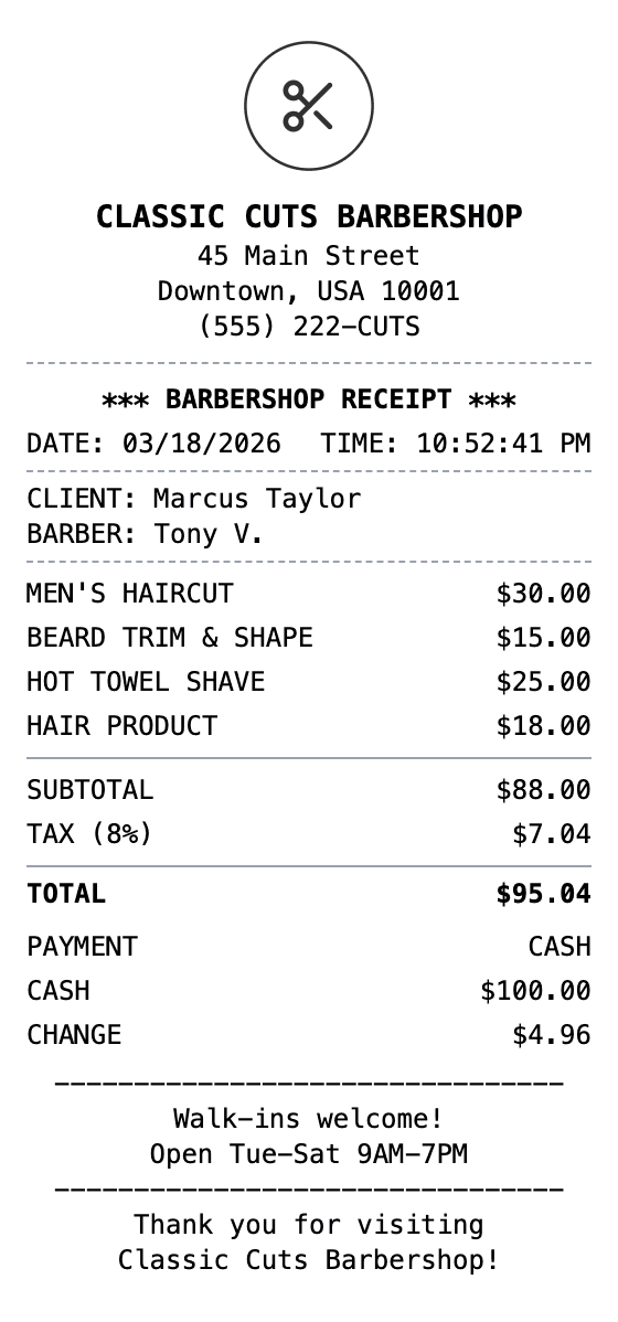 Barber Shop Receipt receipt example showing barber format with itemized list, totals, and payment details
