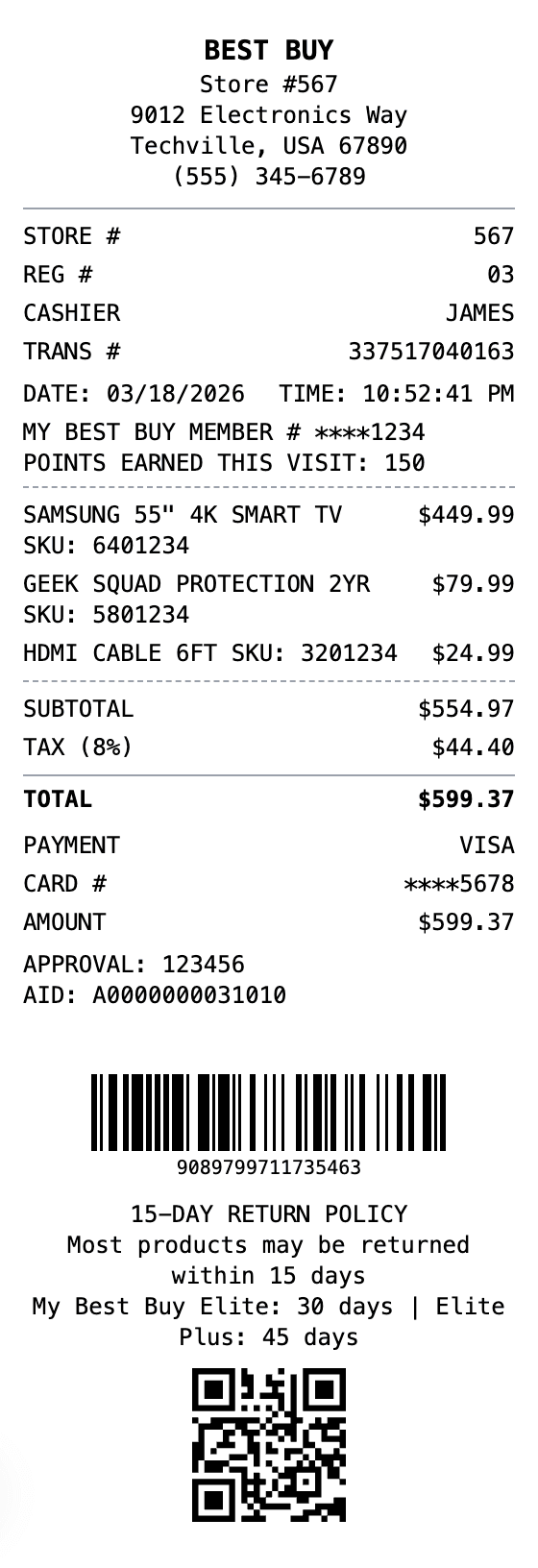 Best Buy Receipt receipt example showing bestbuy format with itemized list, totals, and payment details