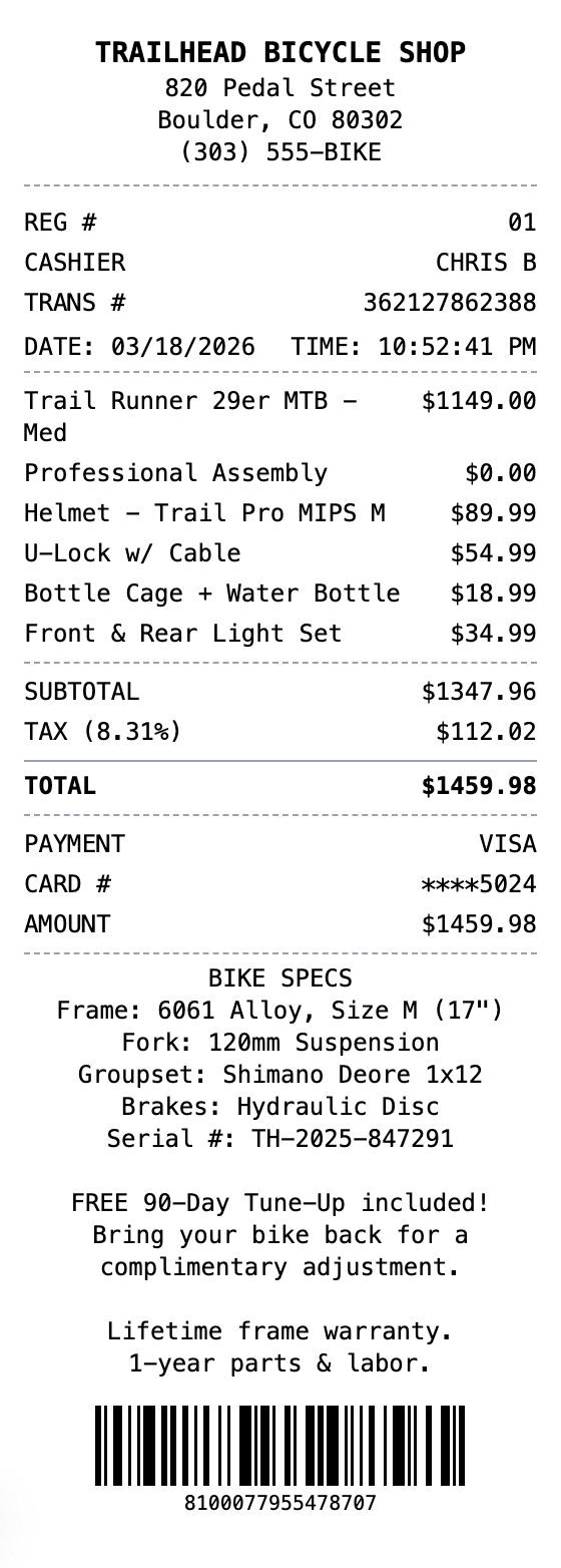 Bicycle Receipt receipt example showing bicycle format with itemized list, totals, and payment details