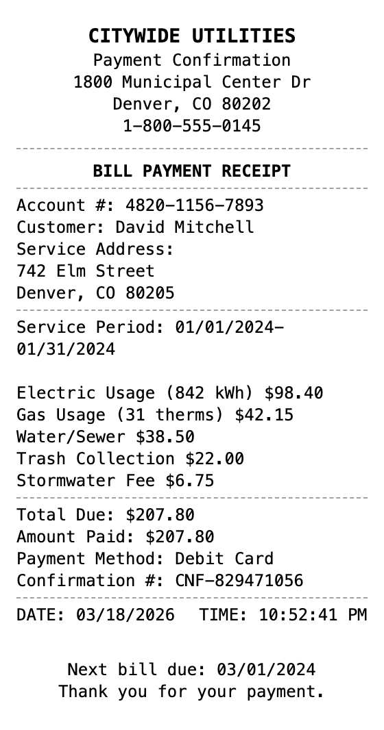 Bill Receipt receipt example showing bill format with itemized list, totals, and payment details