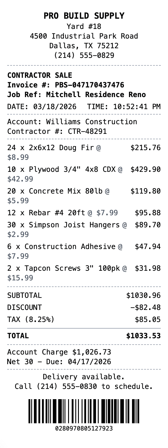 Building Supply Receipt receipt example showing building-supply format with itemized list, totals, and payment details