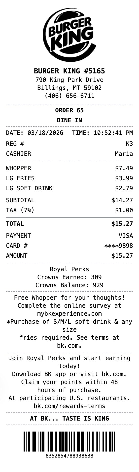 Burger King Receipt receipt example showing burgerking format with itemized list, totals, and payment details