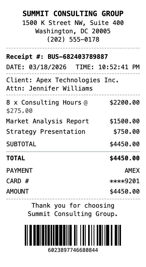 Business Receipt receipt example showing business format with itemized list, totals, and payment details
