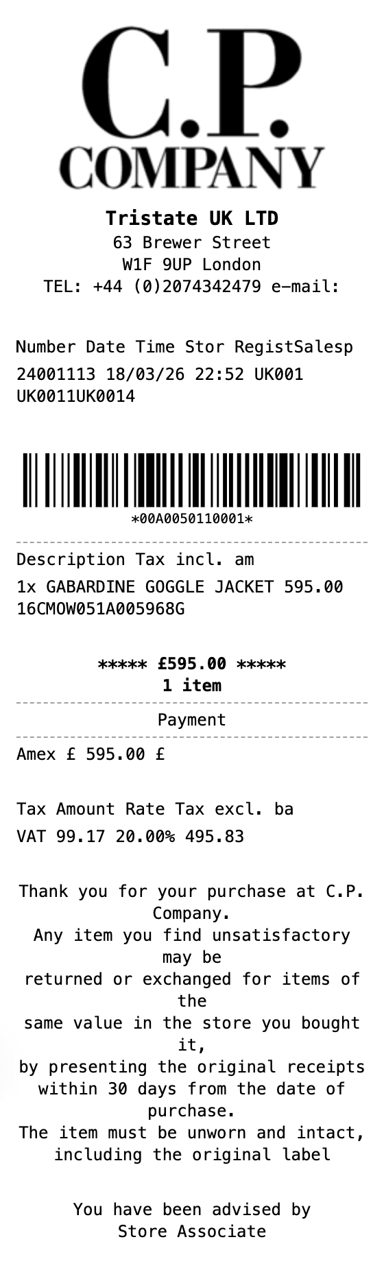 C.P. Company Receipt receipt example showing cp-company format with itemized list, totals, and payment details