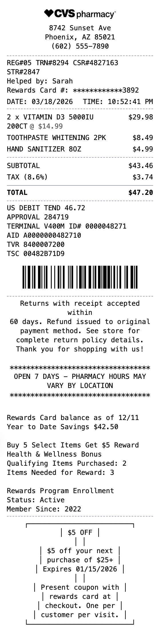 CVS Receipt receipt example showing cvs format with itemized list, totals, and payment details