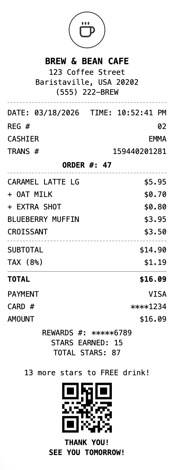 Cafe Receipt receipt example showing cafe format with itemized list, totals, and payment details