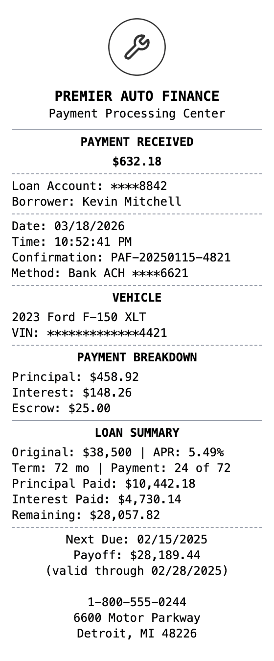 Car Payment Receipt receipt example showing car-payment format with itemized list, totals, and payment details