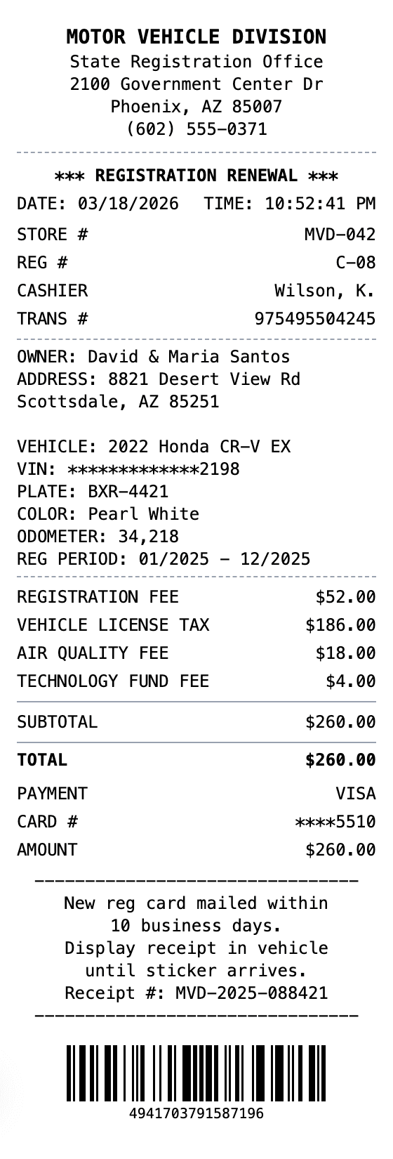 Car Registration Receipt receipt example showing car-registration format with itemized list, totals, and payment details