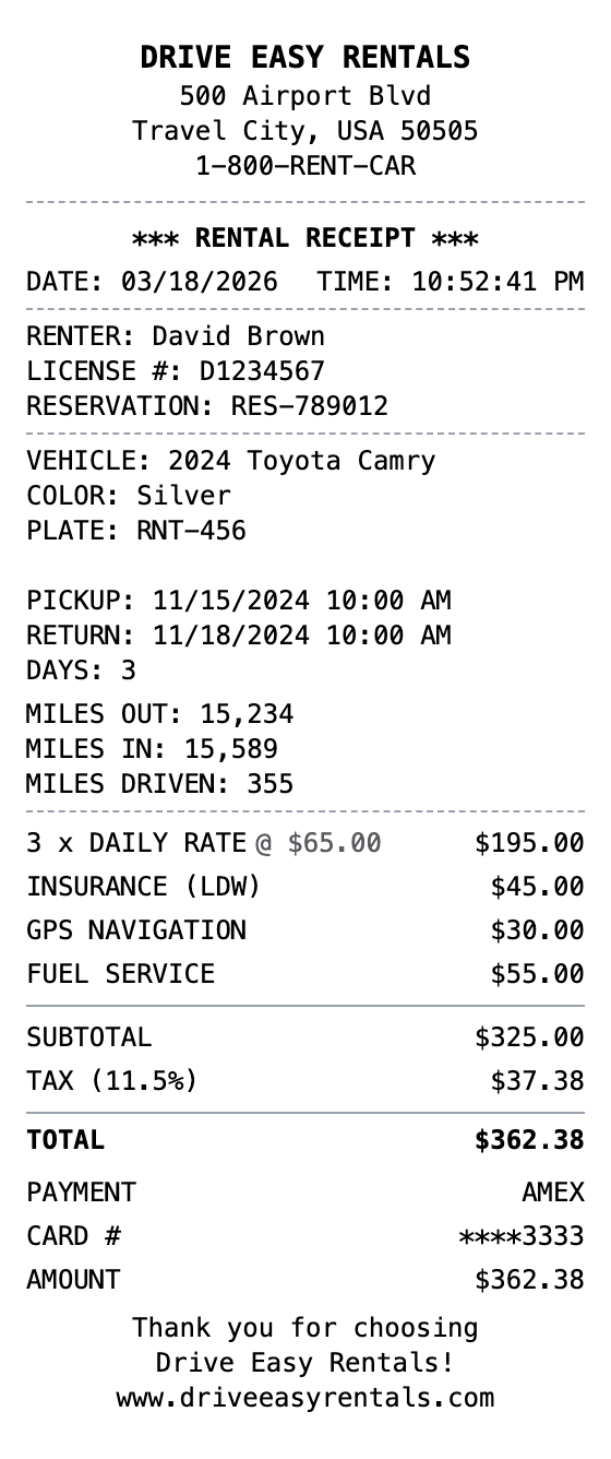 Car Rental Receipt receipt example showing car-rental format with itemized list, totals, and payment details