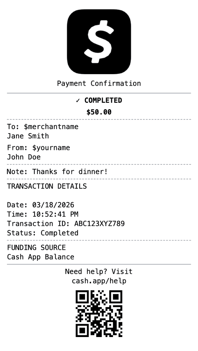 Cash App Receipt receipt example showing cashapp format with itemized list, totals, and payment details
