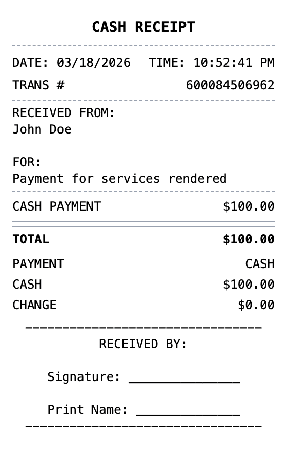 Cash Receipt receipt example showing cash format with itemized list, totals, and payment details