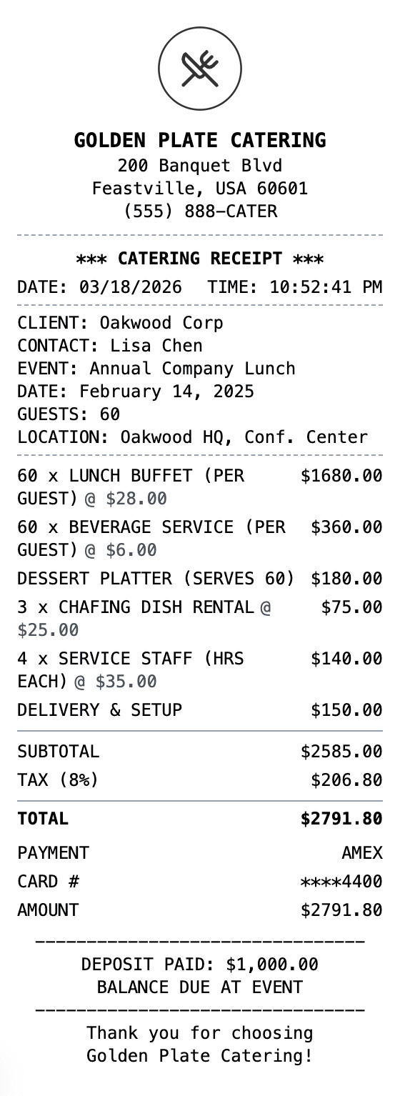 Catering Receipt receipt example showing catering format with itemized list, totals, and payment details
