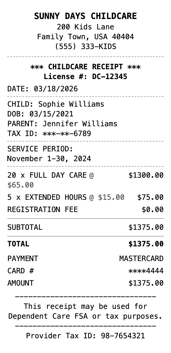 Childcare Receipt receipt example showing childcare format with itemized list, totals, and payment details