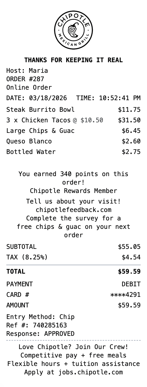 Chipotle Receipt receipt example showing chipotle format with itemized list, totals, and payment details