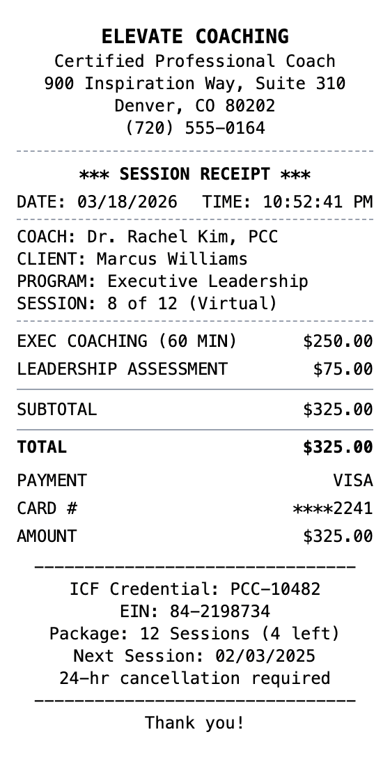 Coaching Receipt receipt example showing coaching format with itemized list, totals, and payment details