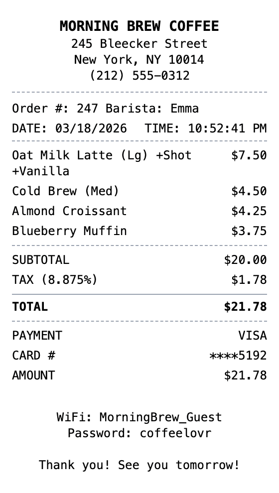 Coffee Shop Receipt receipt example showing coffee-shop format with itemized list, totals, and payment details