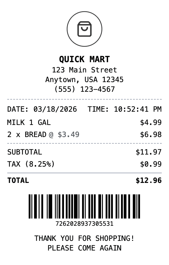 Convenience Store Receipt receipt example showing convenience format with itemized list, totals, and payment details
