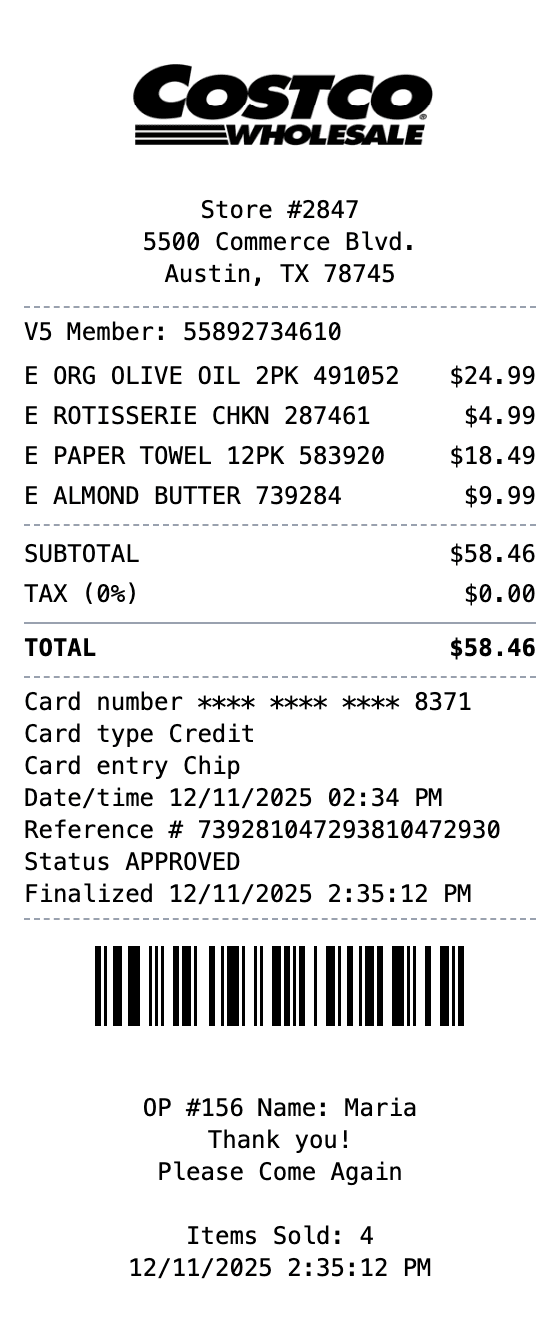 Costco Receipt receipt example showing costco format with itemized list, totals, and payment details