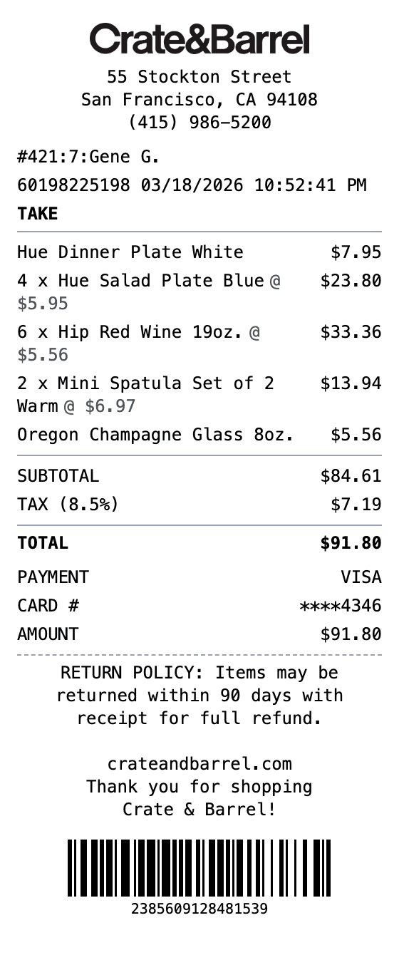 Crate & Barrel Receipt receipt example showing crate-barrel format with itemized list, totals, and payment details