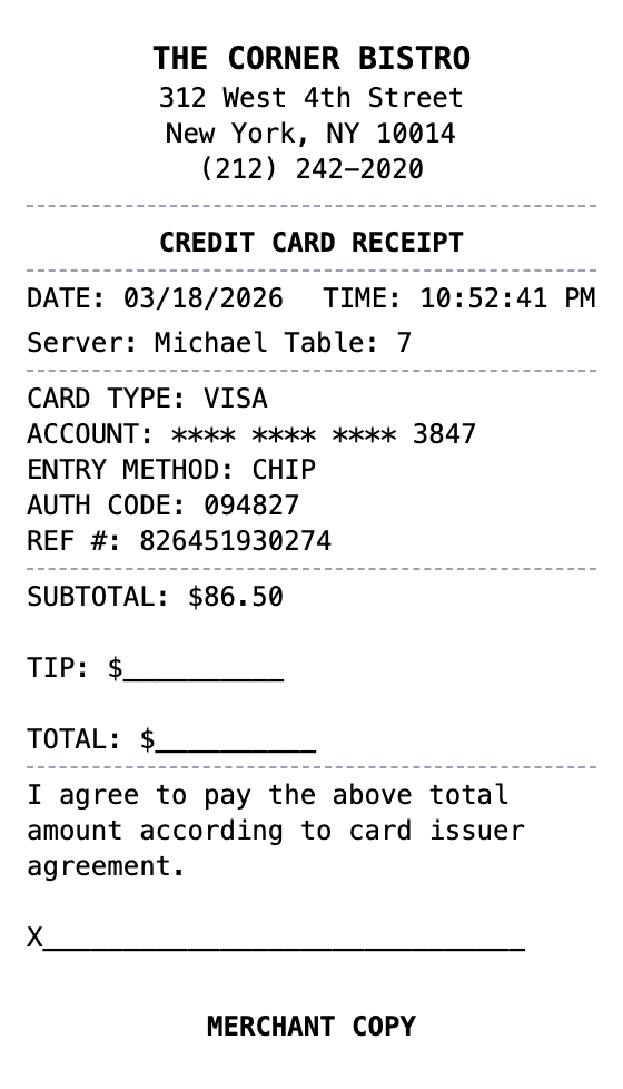 Credit Card Receipt receipt example showing credit-card format with itemized list, totals, and payment details