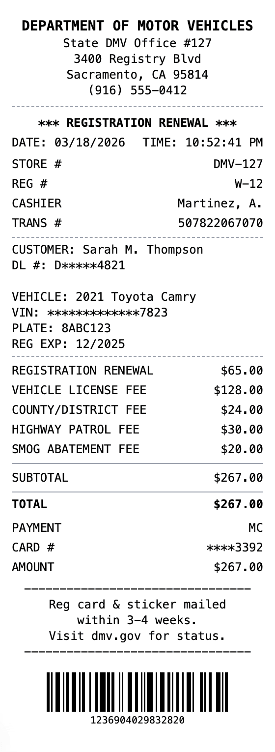 DMV Receipt receipt example showing dmv format with itemized list, totals, and payment details